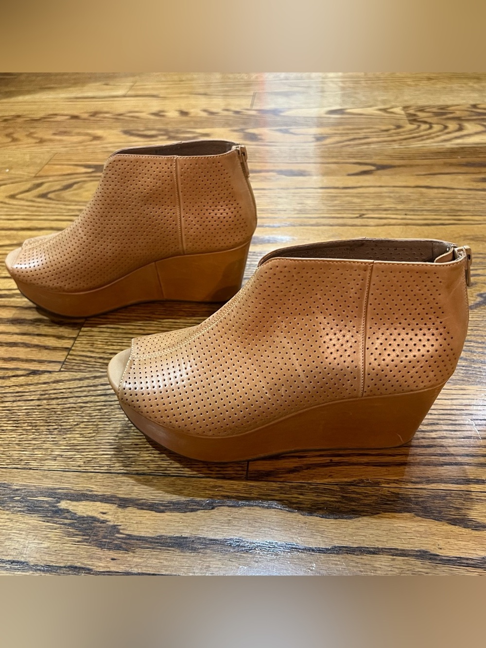 Chocolat Blu Walee Leather Peep Toe Platform Bootie Sz 7.5 Camel Wedge Boho - Picture 6 of 13